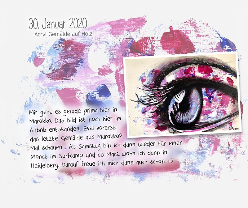 Mir geht es gerade prima hier in Marokko. Das Bild ist noch hier im Airbnb entstanden. Evtl vorerst das letzte Gemälde aus Marokko? Mal schauen... Ab Samstag bin ich dann wieder für einen Monat im Surfcamp und ab März wohn ich dann in Heidelberg. Darauf freue ich mich dann auch schon. 